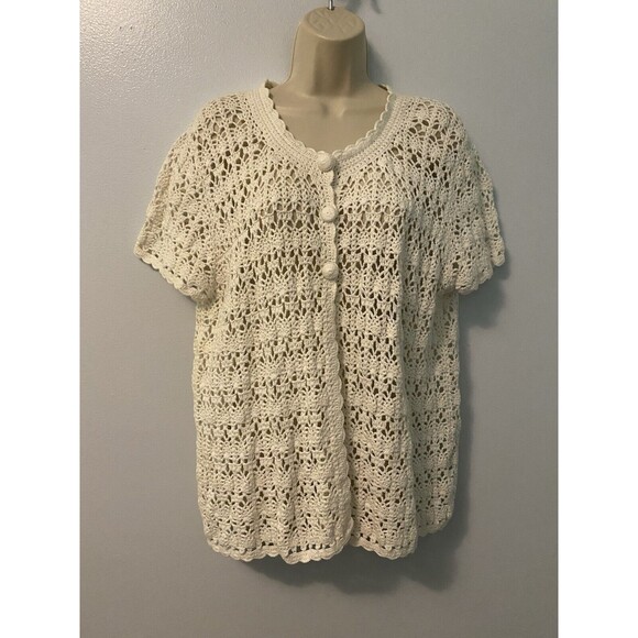 Dressbarn White Crochet Short Sleeve Cardigan 1/4Button Vtg Cottagecore 22/24 - Picture 1 of 6